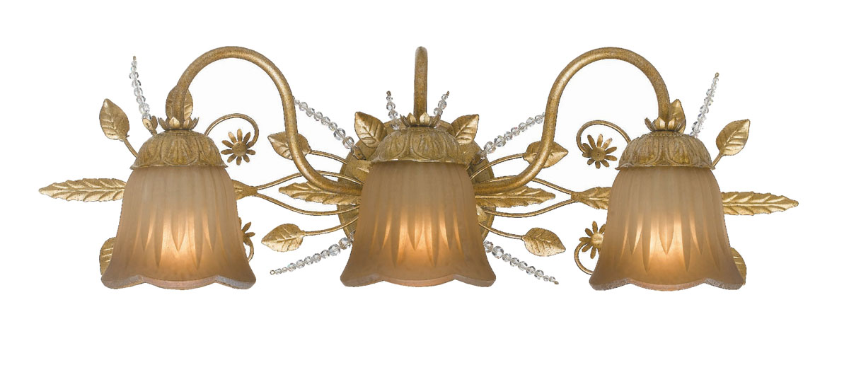 Crystorama Primrose 3 Light Bathroom Vanity Bath And Gold Leaf Finish Swarovski Spectra Beads Crystal Gl Shade Wrought Iron Material Primrose 3 Light Bathroom Vanity