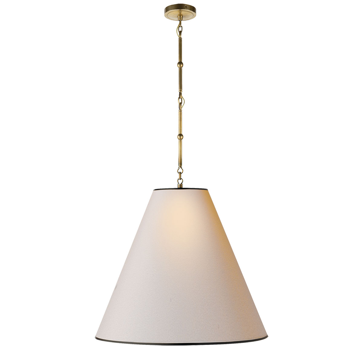 Visual Comfort Goodman Hanging Lamp Pendant Fixture Neenas Lighting Hand Rubbed Antique Br Finish Natural Paper W Black Tape Shade Chevron Left Right Goodman Hanging Lamp